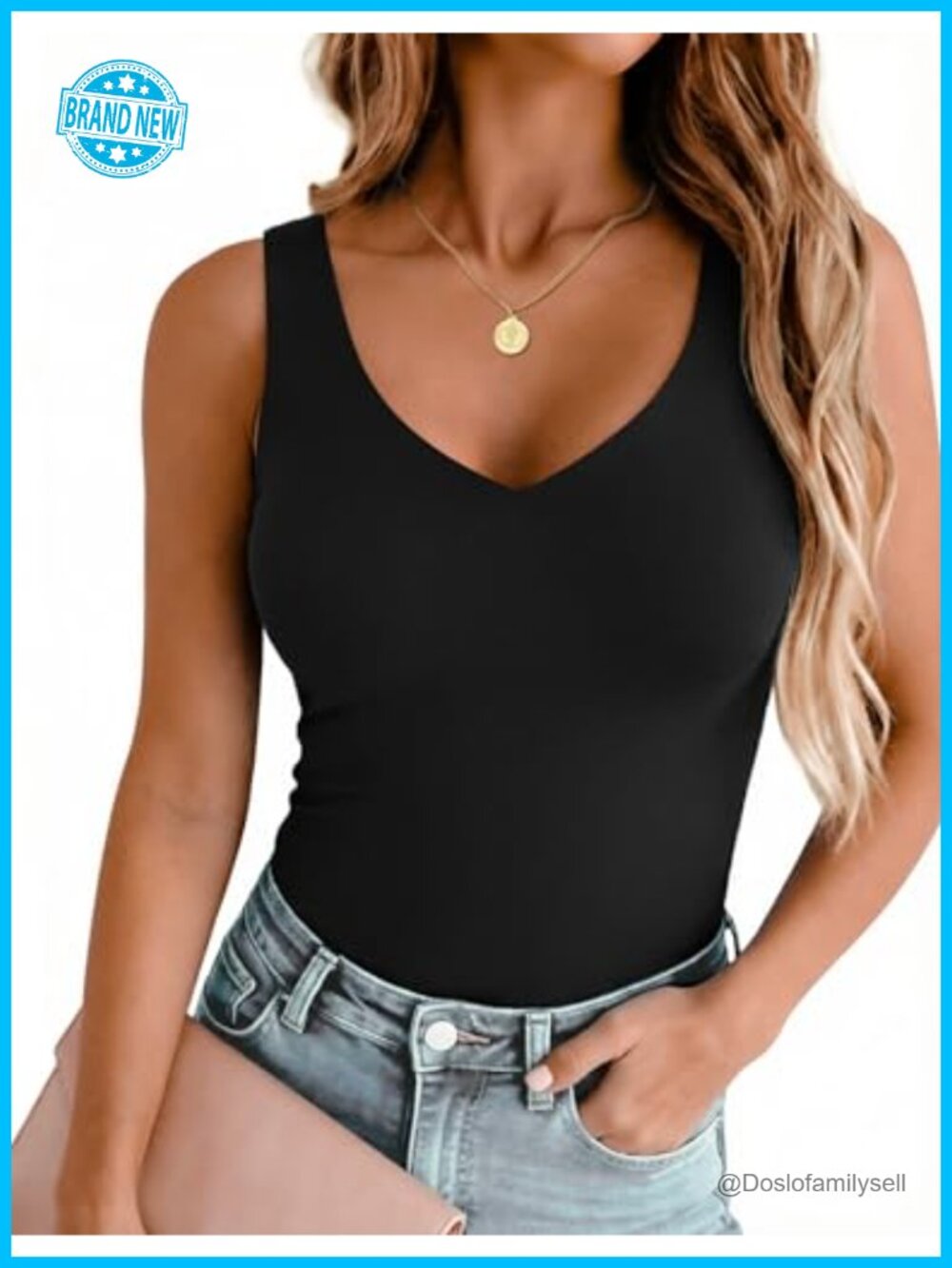 Women's Double Lined V Neck Tank Top Slim Fit Summer Basic Layering Top